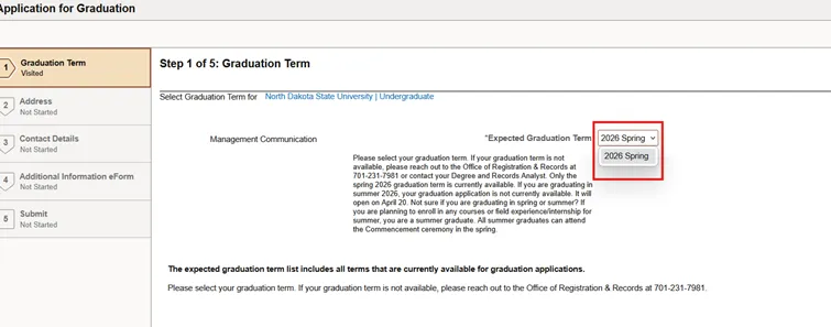 Graduation Term screen with Expected Graduation Term drop-down highlighted.