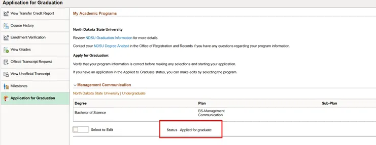 My Academic Programs screen with status highlighted.
