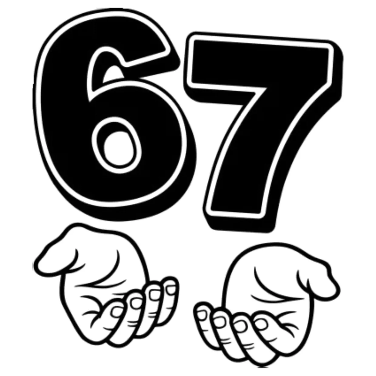 Black number six and number seven with hands facing palms up under numbers