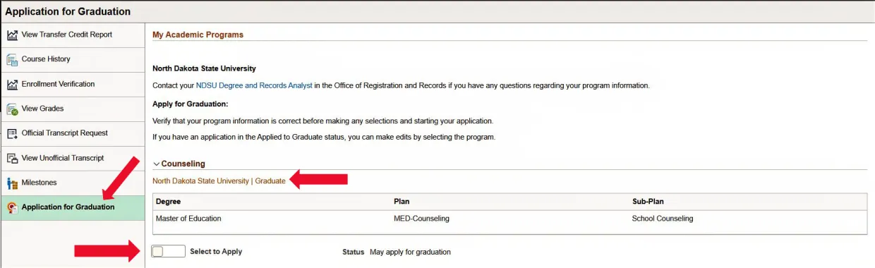 Screenshot of Apply for Graduate page with numbers that correspond with instructions listed above.