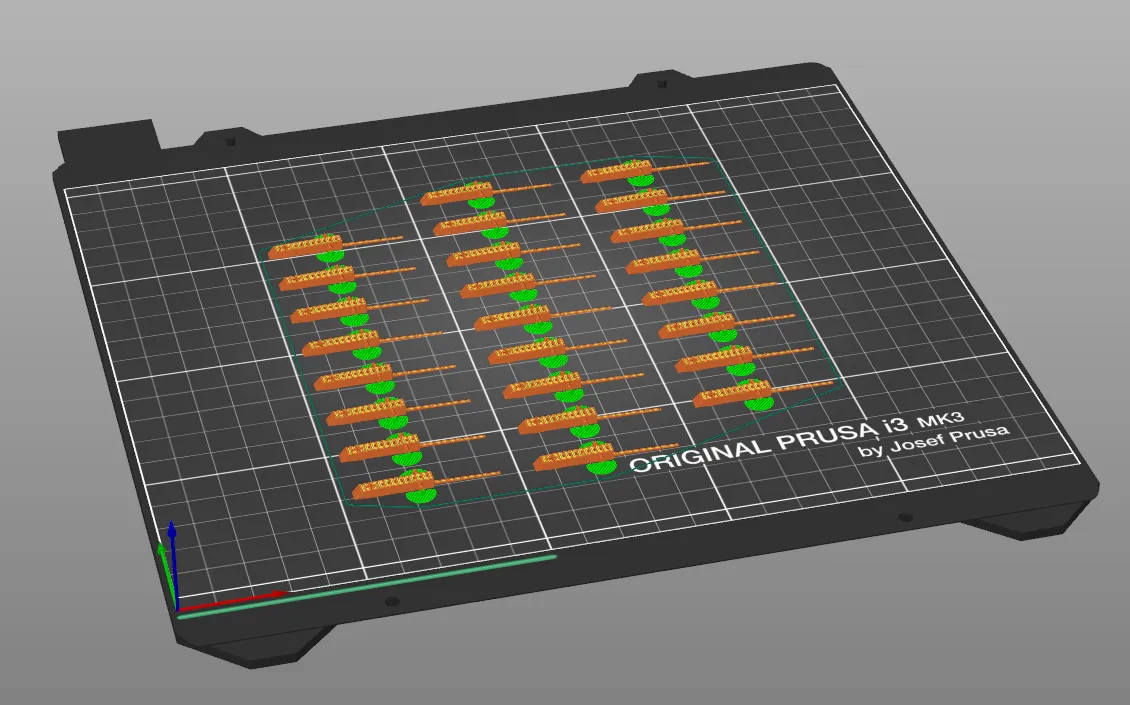 A 3D print bed of 25 harpsichord tongues.