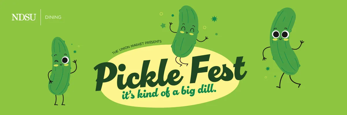 Pickle Fest website banner featuring three illustrations of pickles that are smiling and waving.