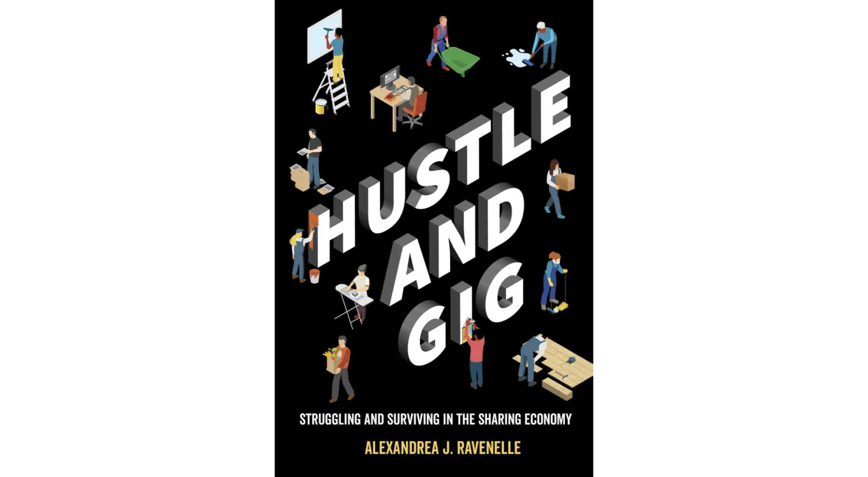 Hustle and Gig book title, black background with cartoon people working