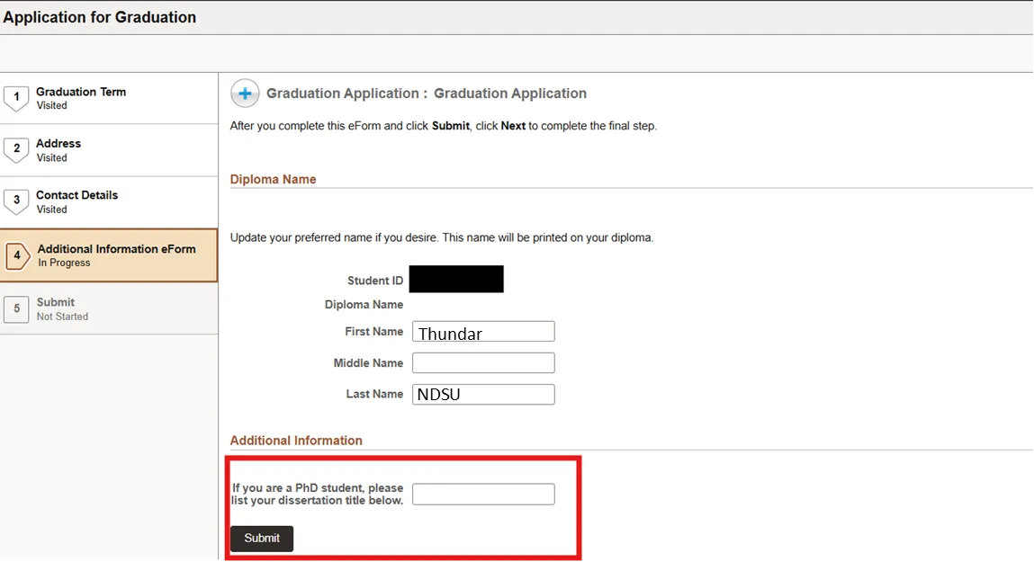 Screenshot of Application for Graduation section used to verify diploma name and, if completing a doctoral degree, the dissertation title using the instructions above.