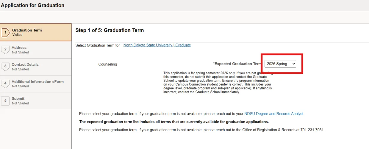 Screenshot of Graduation Application section where the expected graduation term is selected using the instructions above.