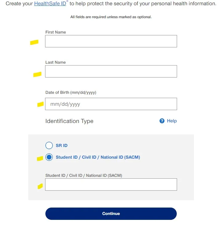 A screenshot displaying the fields required to fill out for health insurance