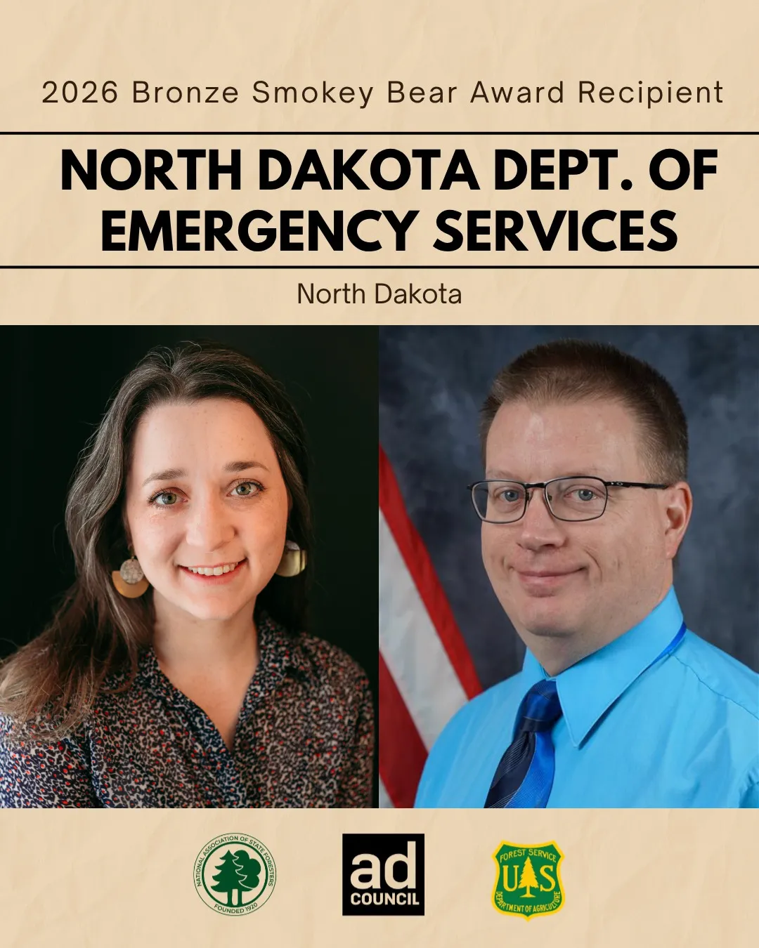 Text reading "2026 Bronze Smokey Bear Award Recipient: North Dakota Dept. of Emergency Services" with two headshots of a woman and a man