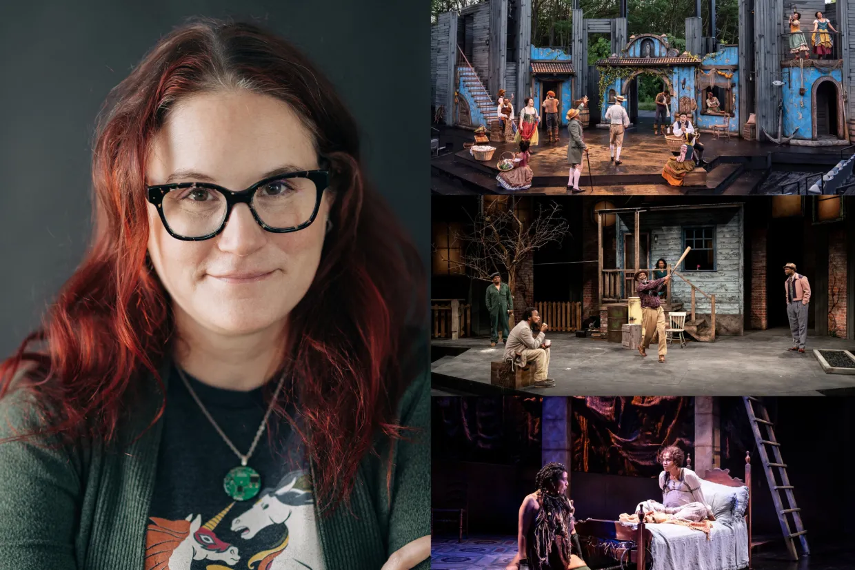 Headshot of Tiffany Fier next to three images of American Player Theatre productions where she designed the set.