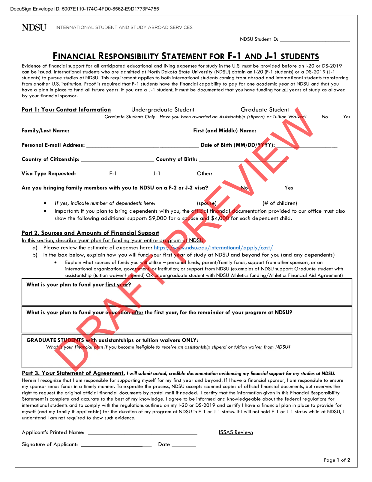A non-editable preview draft of a financial responsibility form