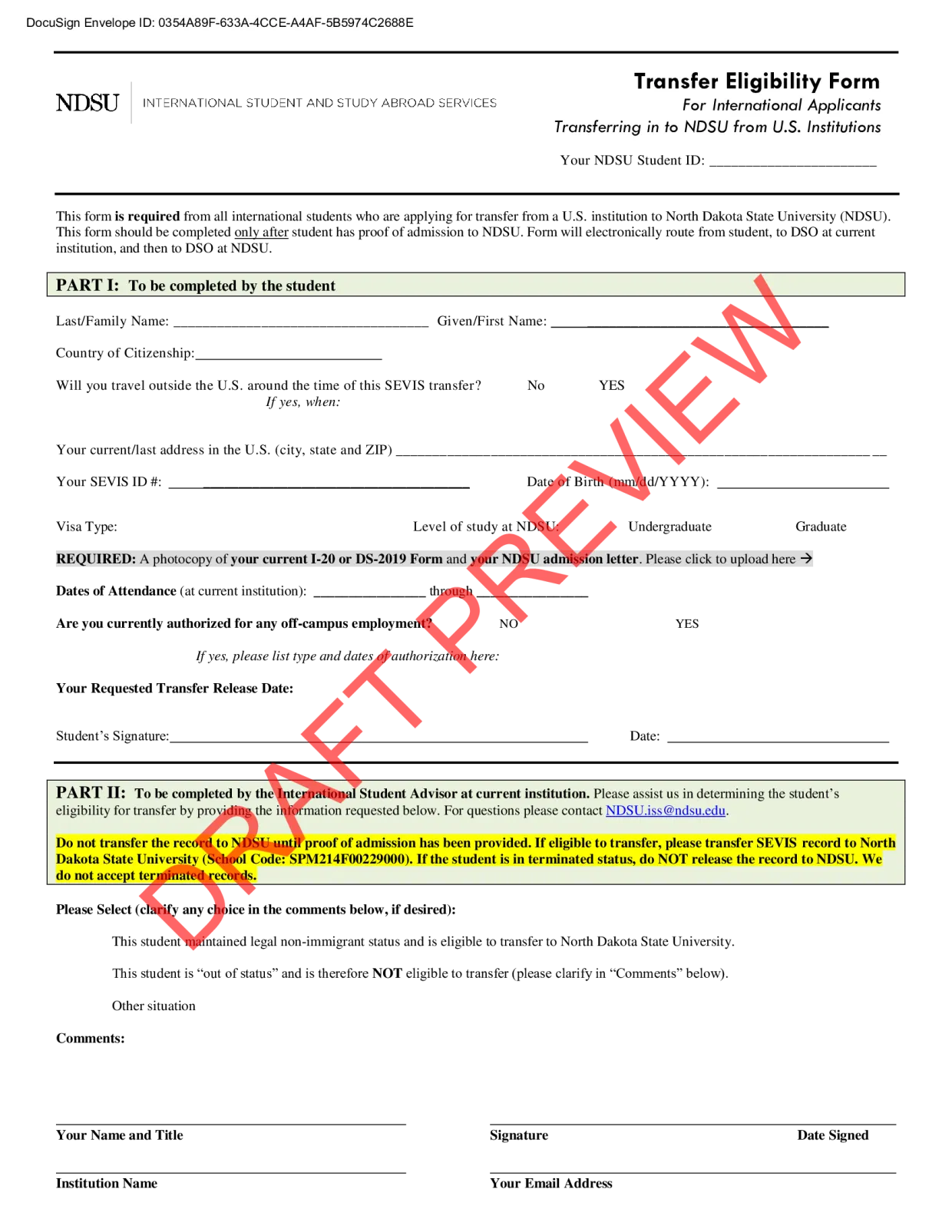 A non editable draft preview of a transfer form