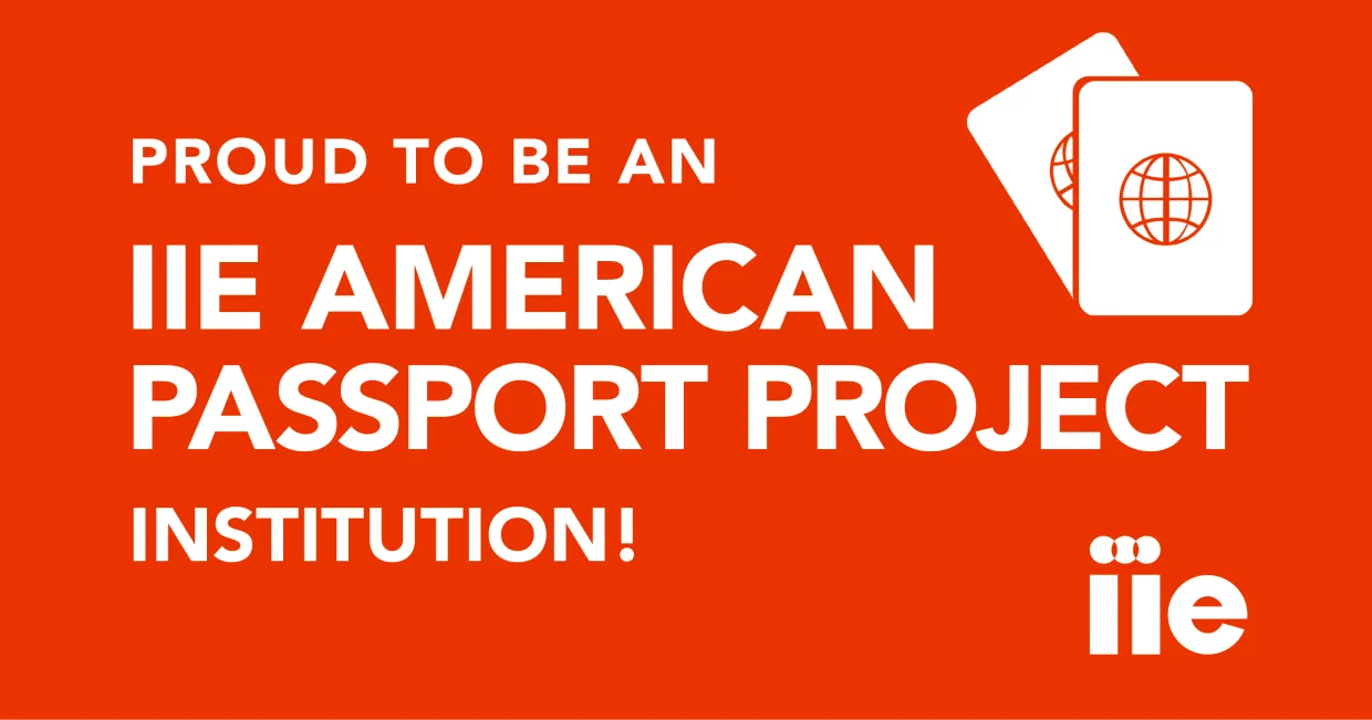 A bright red social card that says "proud to be an IIE American passport project institution"