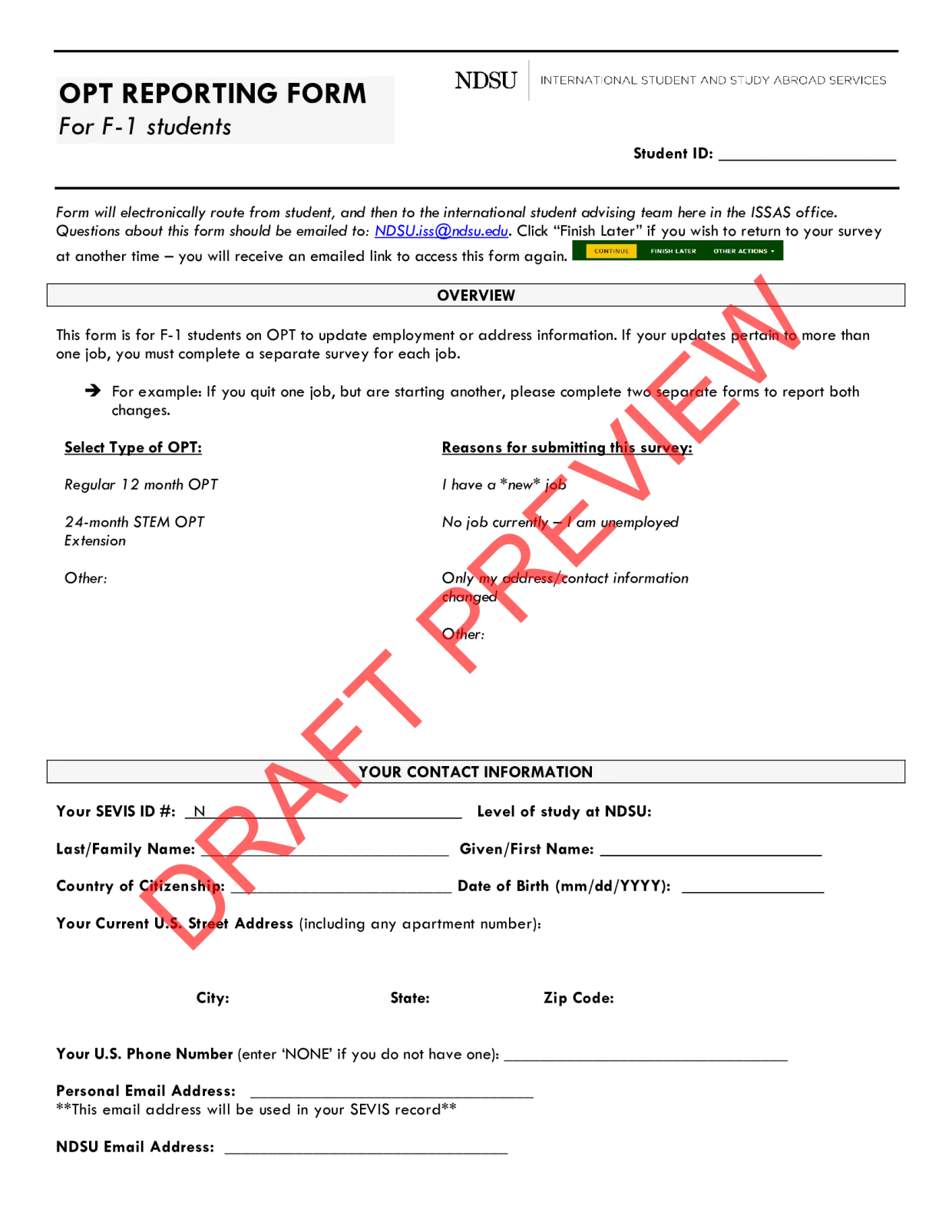 The first page of a non editable draft preview of a form