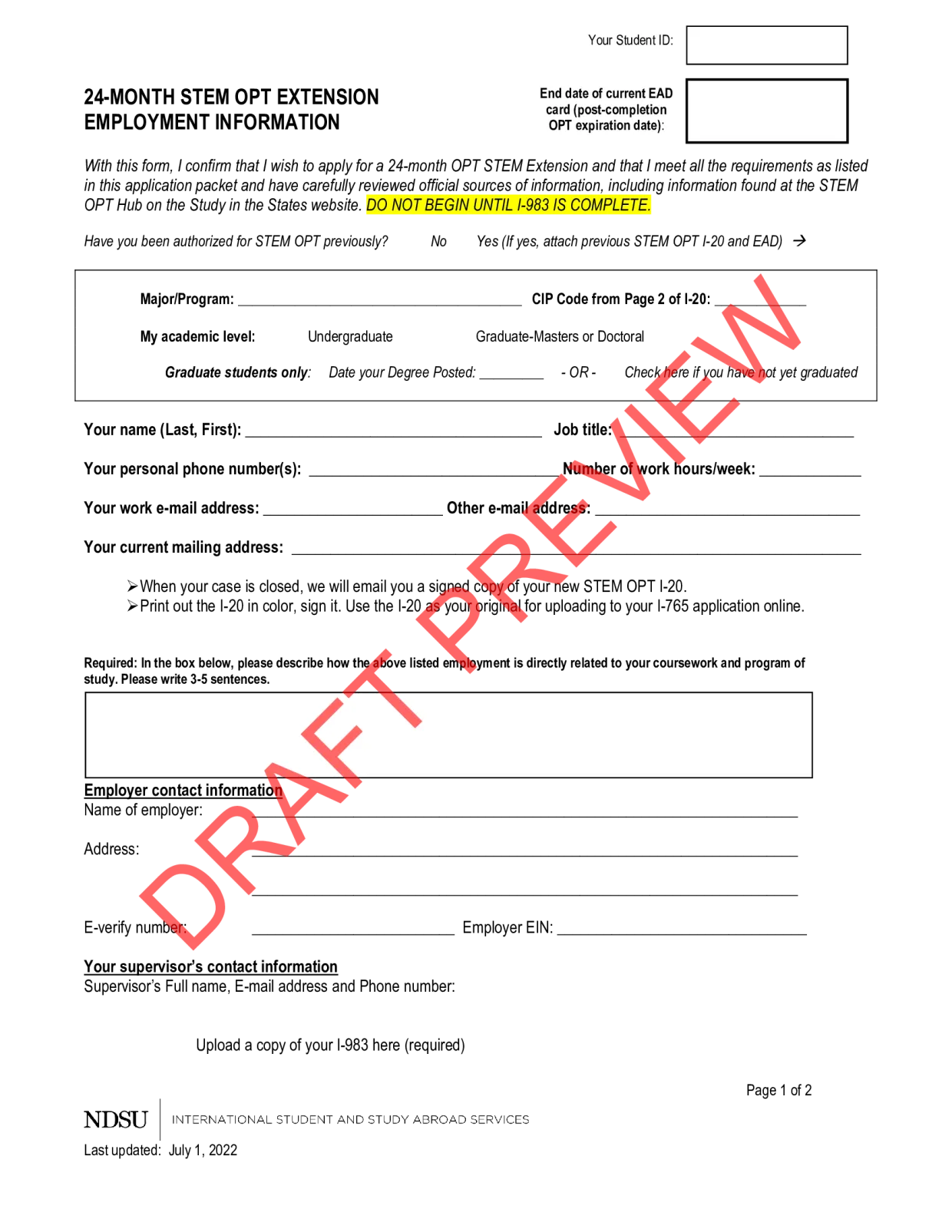 The first page of a non editable draft preview of a form