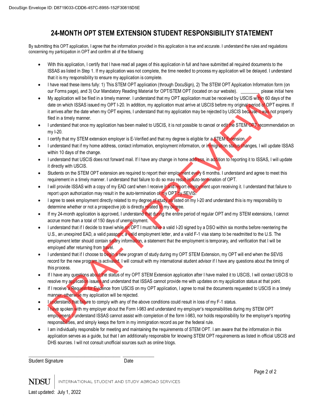 The second page of a non editable draft preview of a form