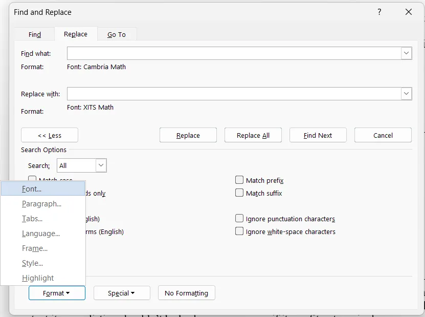 The find and replace dialog box with advanced options shown