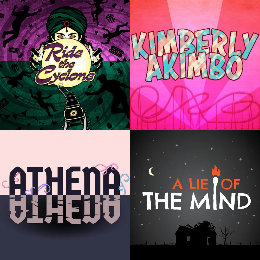 A graphic of four shows from the Theatre NDSU season: Ride the Cyclone, Kimberly Akimbo, Athena, and A Lie of the Mind.
