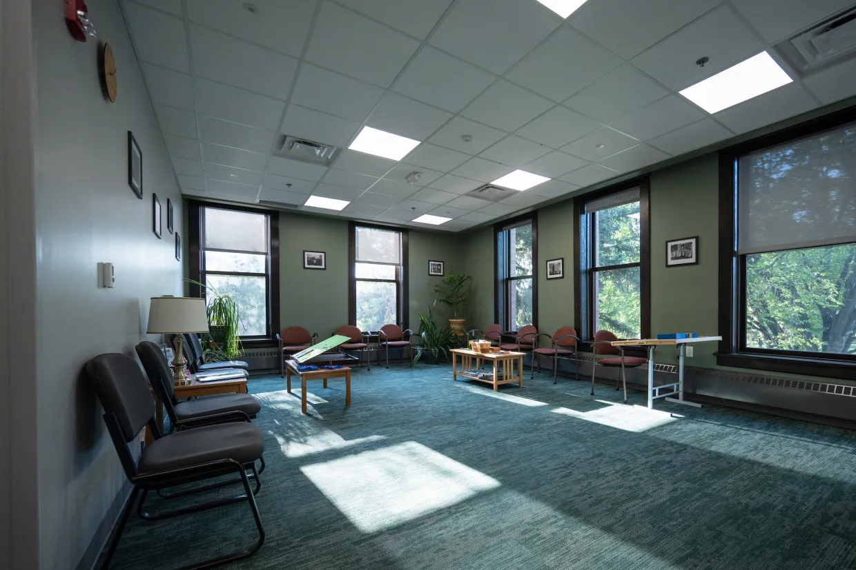 Lobby of Counseling Center with seating and jigsaw puzzles.