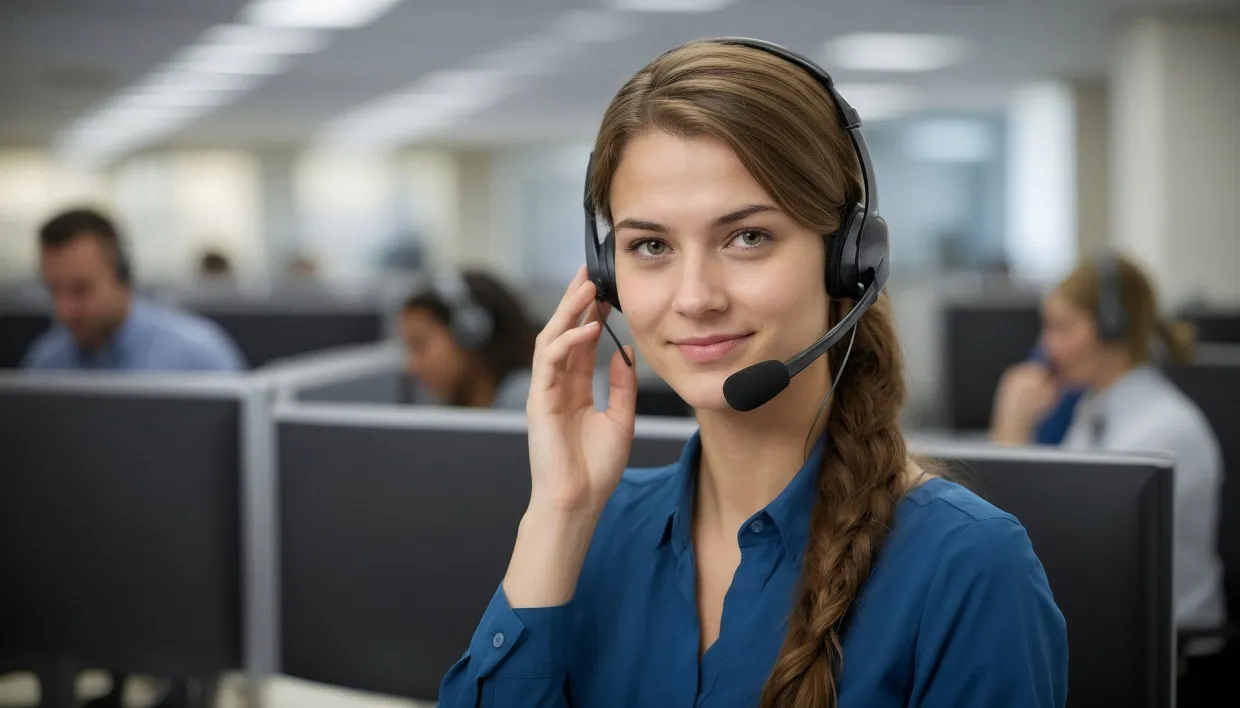 Woman with headset smiling as she is working in a call center