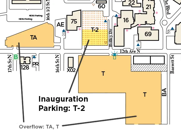close up section of NDSU campus map shows the parking lots to use for Inauguration events