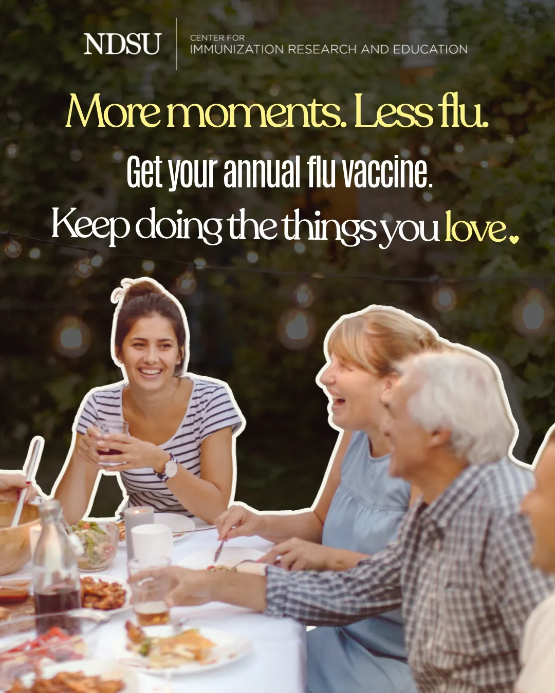 A family shares a meal outdoors, celebrating time together and encouraging flu vaccination.