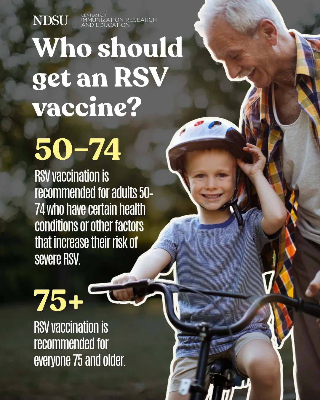 A smiling older man helping a helmeted child ride a bike, with RSV recommendations for adults ages 50–74 with risk factors and everyone 75+.