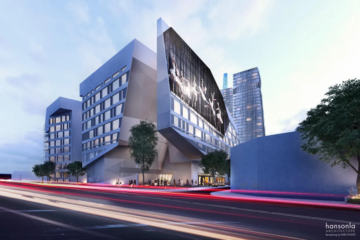 Douglas Hanson exterior rendering of modern building.