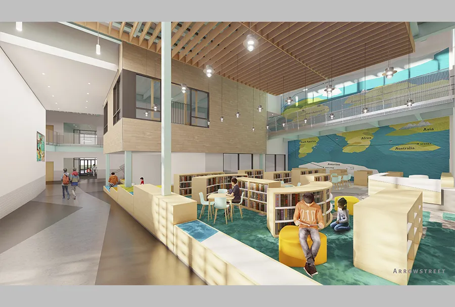 interior rendering of library with bookshelves, chairs, tables.