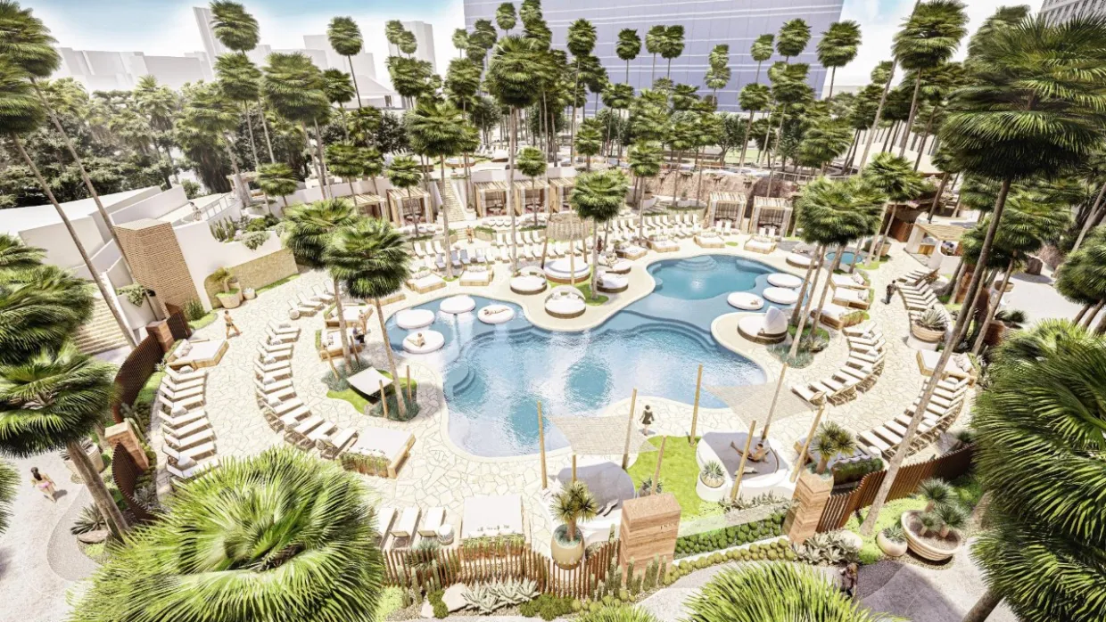 Evan Lecy rendering of a pool area at a resort with pool, lounge chairs and palm trees.