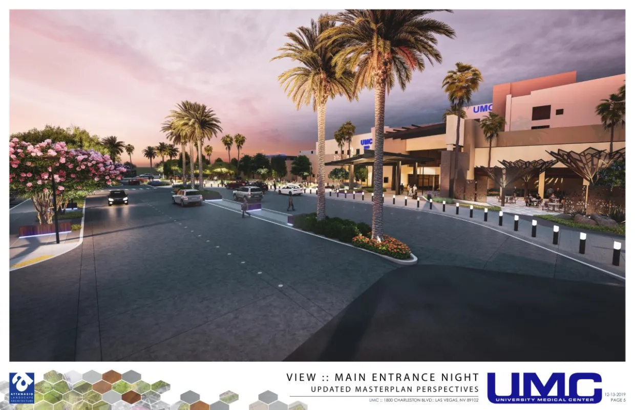 Exterior rendering of building with parking lot and palm trees.