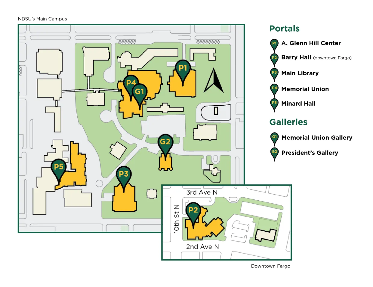 MAC Map Graphic showing locations of portals and galleries on NDSU campus.