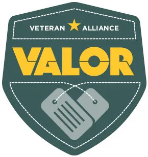a logo with Valor's name and crossed dog tags forming a V.