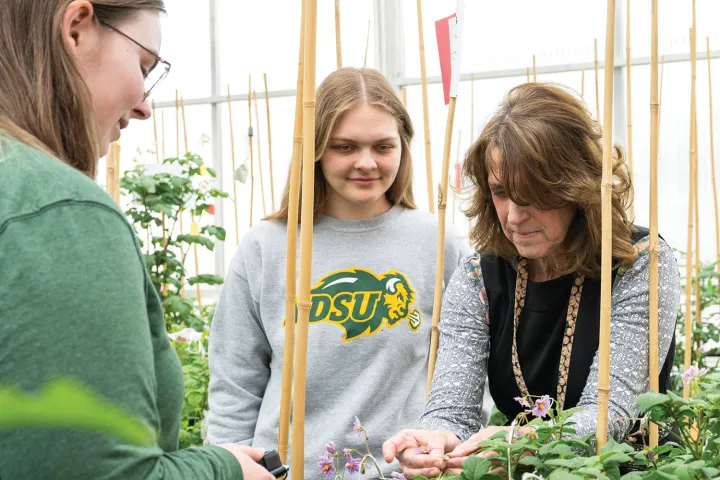 two students watch as a professor shows them plants growing in a greenhouse