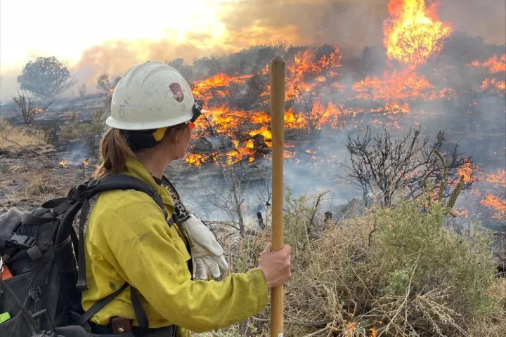 A woman firefighter looks back at a fire on the landscape