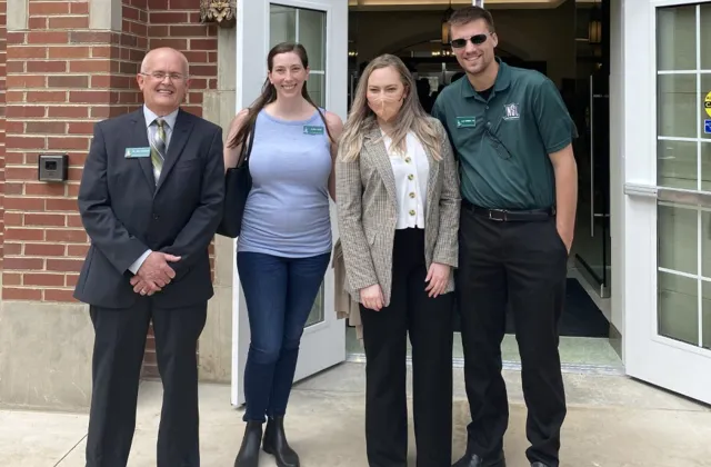 Photo credits Angel Ford. Pictured (L-R): Dr. Mike Chanslor, Dr. Elaina Ross, Katie Thomas, and Dr. Kyle Vareberg, Assistant Professor of Communication Studies.