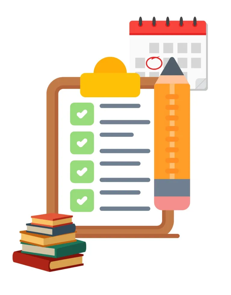 Clipboard, pencil, textbooks, and organizational tools  