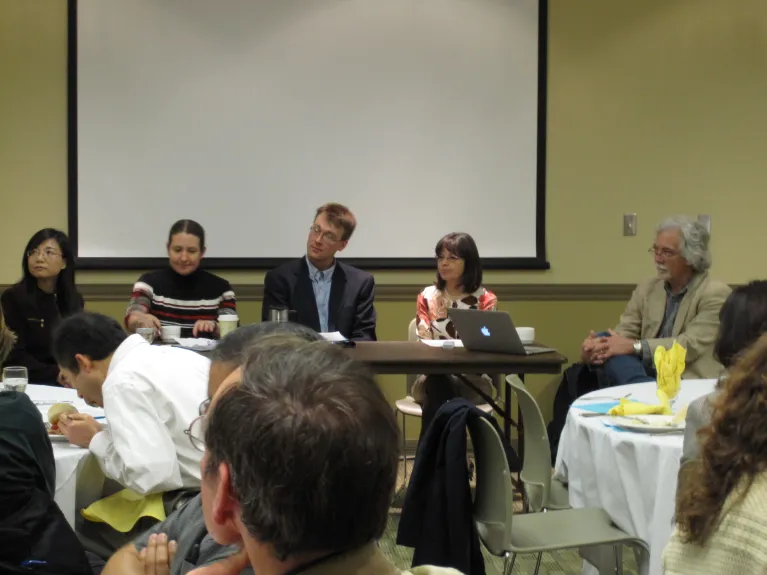 Promotion to Professor Panel: Newly Promoted Professors with panelists (from L to R) Wenfang Sun, Cheryl Wachenheim, Dan Friesner, Karen Froelich, and moderator Larry Reynolds, May 2011.
