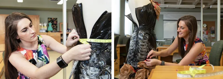 Student working on dress in design studio.