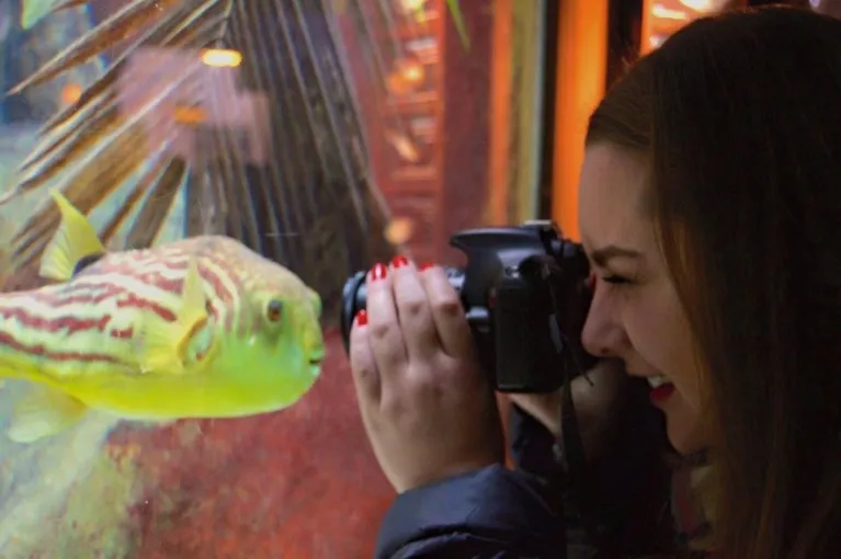 Student taking a picture of a fish swimming toward students camera.