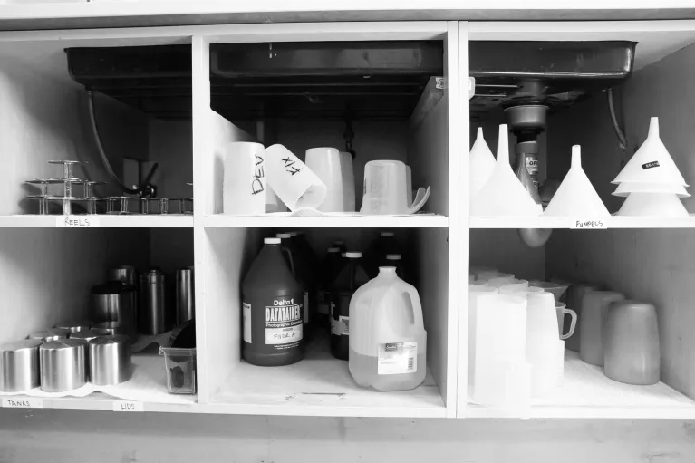 Photography studio equipment and supplies.