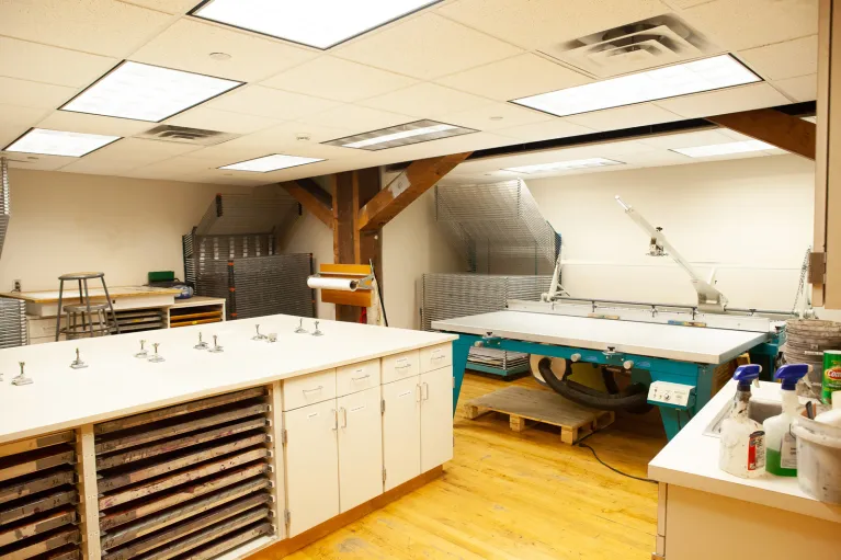Printmaking equipment in the printmaking studio.