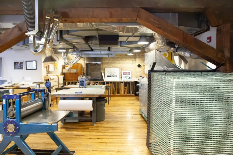 Printmaking equipment in the printmaking studio.