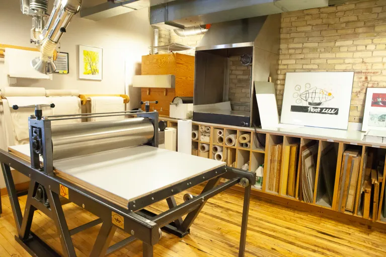 Printmaking equipment in the printmaking studio.