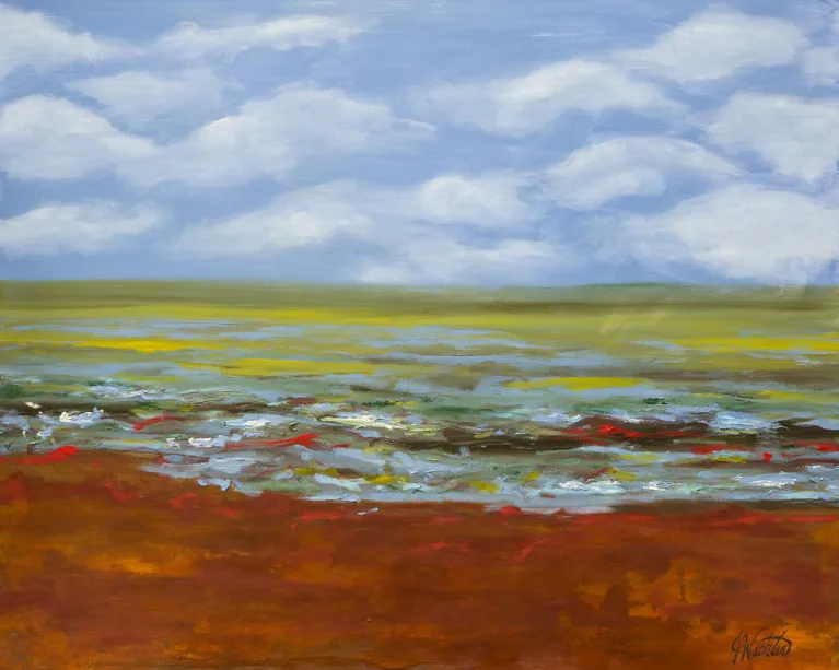 A painting of a landscape, looking towards the horizon with sky full of clouds.