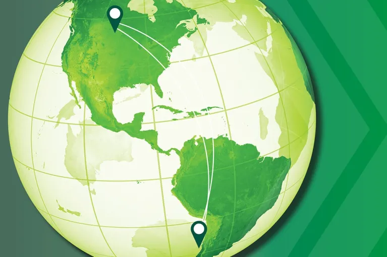 Photo illustration of the globe, with Fargo, North Dakota, U.S.A, and Osorno, Chile, marked, and a line connecting the two locations.