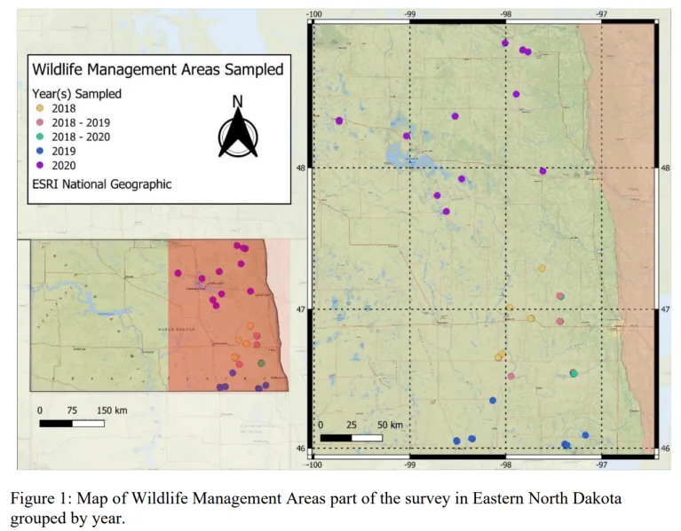 Map of Wildlife Management Areas part of the survey in Eastern North Dakota grouped by year.