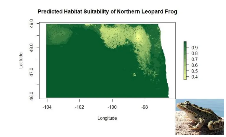 The predicted suitable habitat of the Northern Leopard frog across the state of North Dakota.